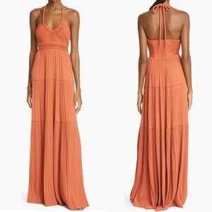 A.L.C. Orange Pleated Halter Maxi Dress